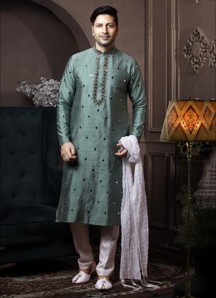 Light mehndi Dyeable Silk Traditional Wear Mirror Work Kurta Pajama