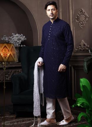 Navy Blue Georgette Traditional Wear Lucknowi Kurta Pajama