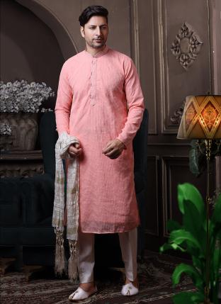 Peach Georgette Traditional Wear Lucknowi Kurta Pajama