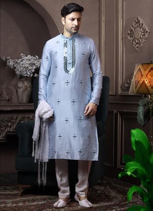 Sky Blue Dyeable Silk Traditional Wear Mirror Work Kurta Pajama
