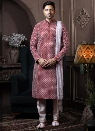 Marron Silk Traditional Wear Lucknowi Kurta Pajama