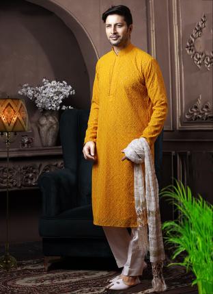 Mustard Georgette Traditional Wear Lucknowi Kurta Pajama