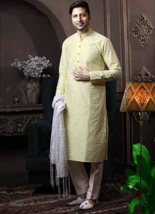 Neon Yellow Silk Traditional Wear Lucknowi Kurta Pajama