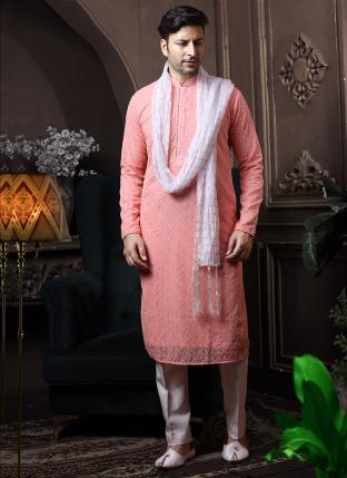 Peach Georgette Traditional Wear Lucknowi Kurta Pajama
