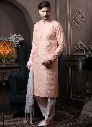 Peach Silk Traditional Wear Lucknowi Kurta Pajama