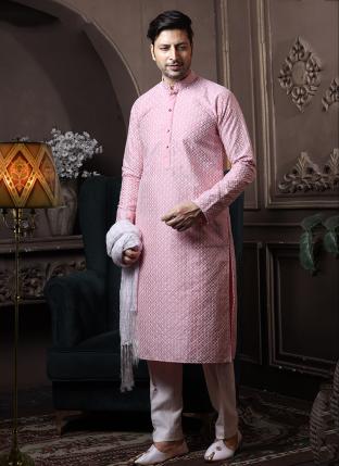 Pink Silk Traditional Wear Lucknowi Kurta Pajama
