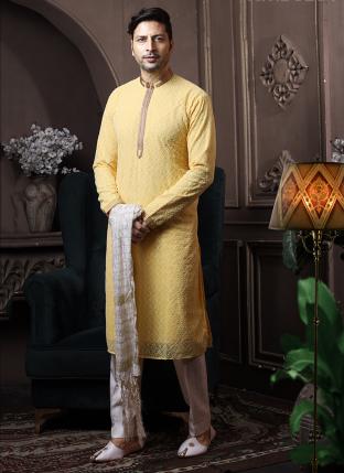 Yellow Georgette Traditional Wear Lucknowi Kurta Pajama
