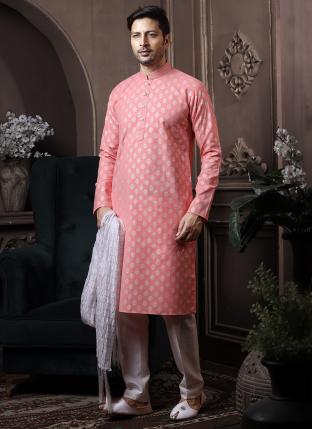 Light Peach Cotton Traditional Wear Printed Work Kurta Pajama