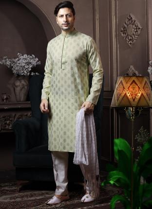 Light Pista Cotton Traditional Wear Printed Work Kurta Pajama