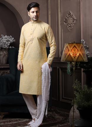 Light Yellow Cotton Traditional Wear Printed Work Kurta Pajama