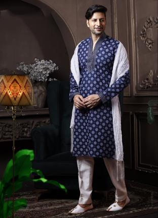 Navy Blue Cotton Traditional Wear Printed Work Kurta Pajama