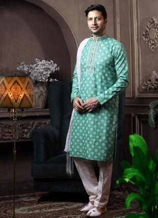 Pastel Green Cotton Traditional Wear Printed Work Kurta Pajama