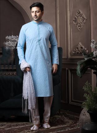 Sky Blue Cotton Traditional Wear Printed Work Kurta Pajama