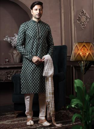 Green  Cotton Traditional Wear Printed Work Kurta Pajama