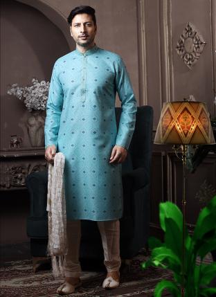 Light Firozi Cotton Traditional Wear Printed Work Kurta Pajama