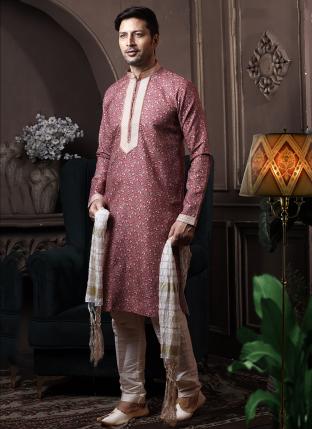 Marron Cotton Traditional Wear Printed Work Kurta Pajama