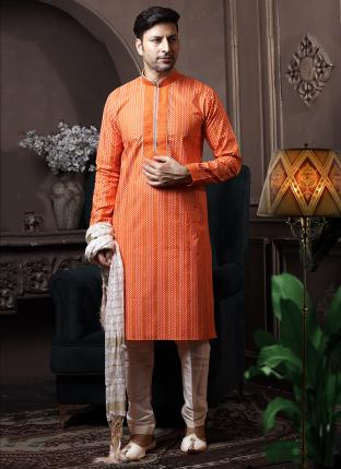 Orange With Multi Cotton Traditional Wear Printed Work Kurta Pajama