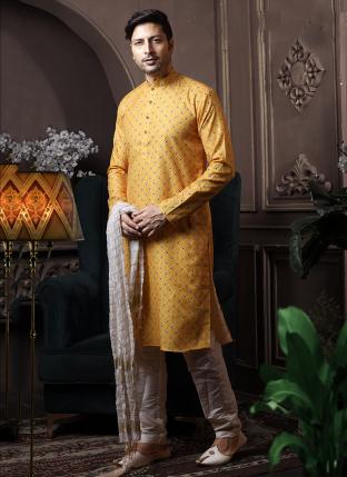 Yellow Cotton Traditional Wear Printed Work Kurta Pajama