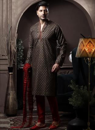 Dark Mehndi Cotton Traditional Wear Printed Work Kurta Pajama