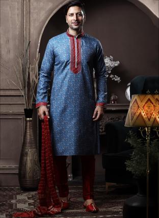Firozi Cotton Traditional Wear Printed Work Kurta Pajama
