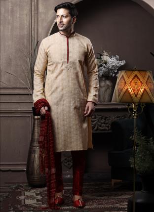 Gold Cotton Traditional Wear Printed Work Kurta Pajama