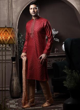 Maroon Cotton Traditional Wear Printed Work Kurta Pajama