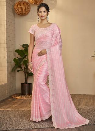 Baby Pink Silk Wedding Wear Thread Work Saree