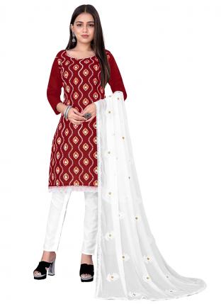 Maroon PC Cotton Daily wear Embroidered Salwar Suit