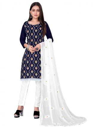 Navy Blue PC Cotton Daily wear Embroidered Salwar Suit