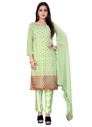 Green Chanderi Cotton Casual Wear Embroidered Salwar Suit
