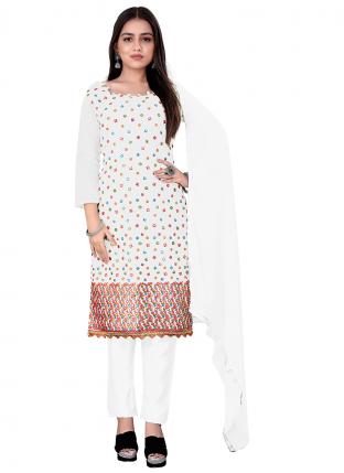White Chanderi Cotton Casual Wear Embroidered Salwar Suit