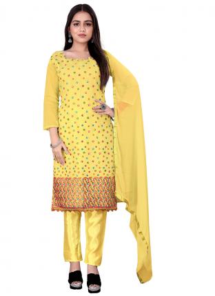 Yellow Chanderi Cotton Casual Wear Embroidered Salwar Suit