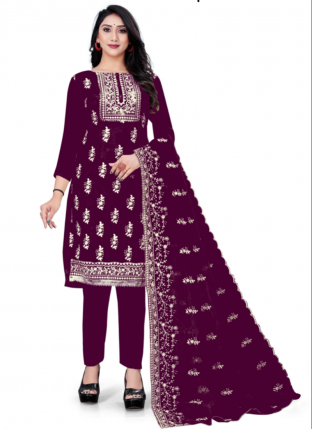 Wine Organza Festival Wear Embroidered Salwar Suit