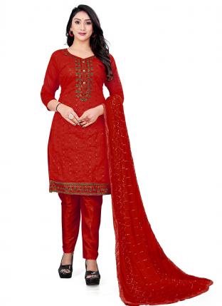 Red Chanderi Cotton Regular Wear Embroidered Salwar Suit