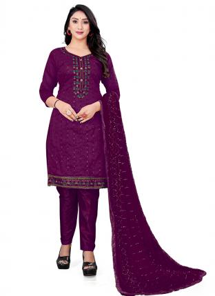 Wine Chanderi Cotton Regular Wear Embroidered Salwar Suit