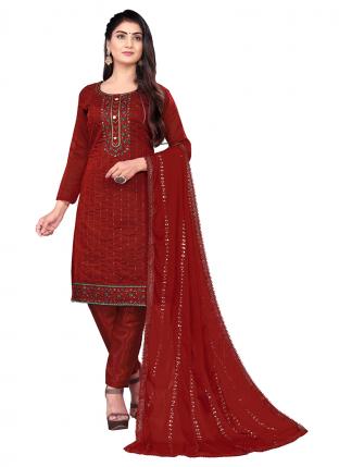 Maroon Chanderi Cotton Daily wear Embroidered Salwar Suit