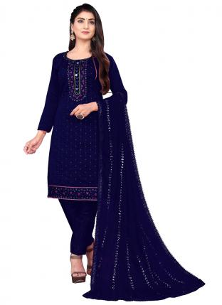 Navy Blue Chanderi Cotton Daily wear Embroidered Salwar Suit