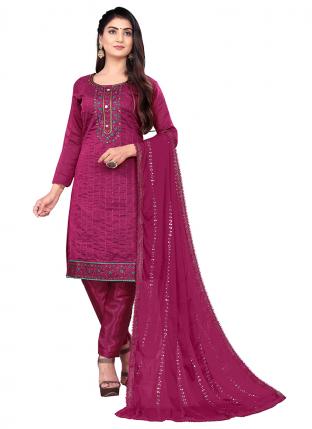 Violet Chanderi Cotton Daily wear Embroidered Salwar Suit