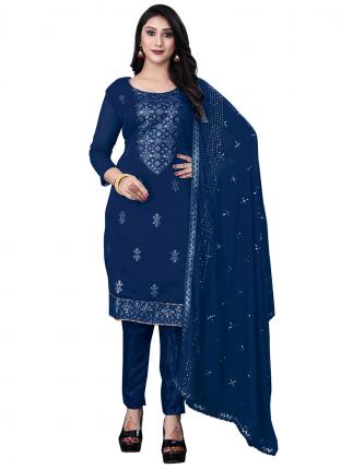 Navy Blue Chanderi Cotton Regular Wear Embroidered Salwar Suit