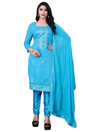 Sky Blue Chanderi Cotton Regular Wear Embroidered Salwar Suit
