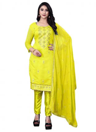 Yellow Chanderi Cotton Regular Wear Embroidered Salwar Suit