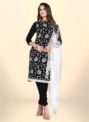 Black Chanderi Cotton Casual Wear Embroidered Salwar Suit