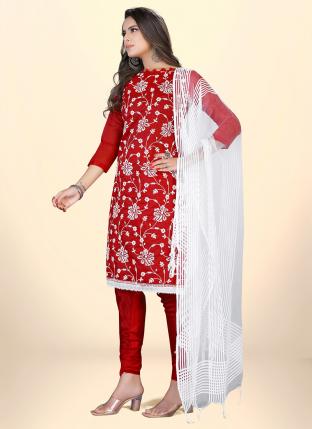 Red Chanderi Cotton Casual Wear Embroidered Salwar Suit
