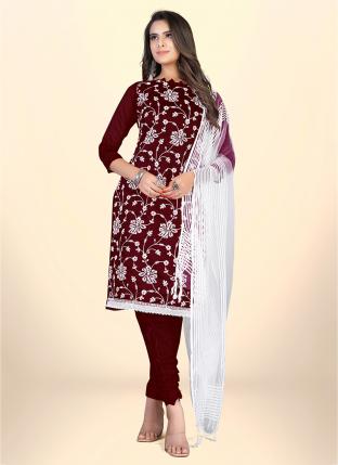 Wine Chanderi Cotton Casual Wear Embroidered Salwar Suit