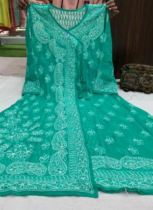 Firozi Georgette Festival Wear Lucknowi Work Gown