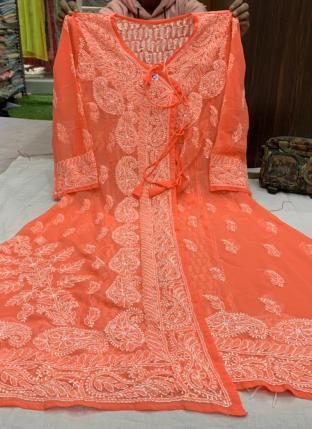 Orange Georgette Festival Wear Lucknowi Work Gown