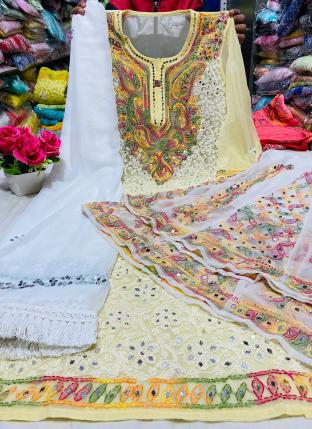 Cream Georgette Festival Wear Mirror Work Readymade Salwar Suit