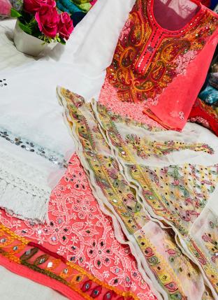 Gajri Pink Georgette Festival Wear Mirror Work Readymade Salwar Suit