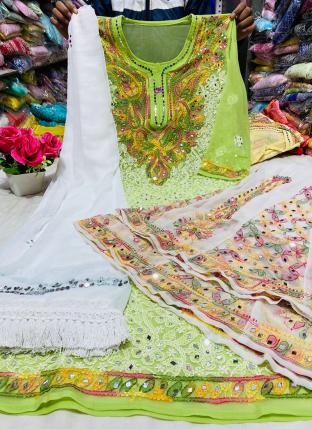 Light Green Georgette Festival Wear Mirror Work Readymade Salwar Suit
