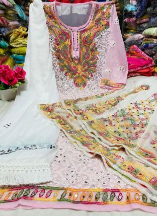 Pink Georgette Festival Wear Mirror Work Readymade Salwar Suit